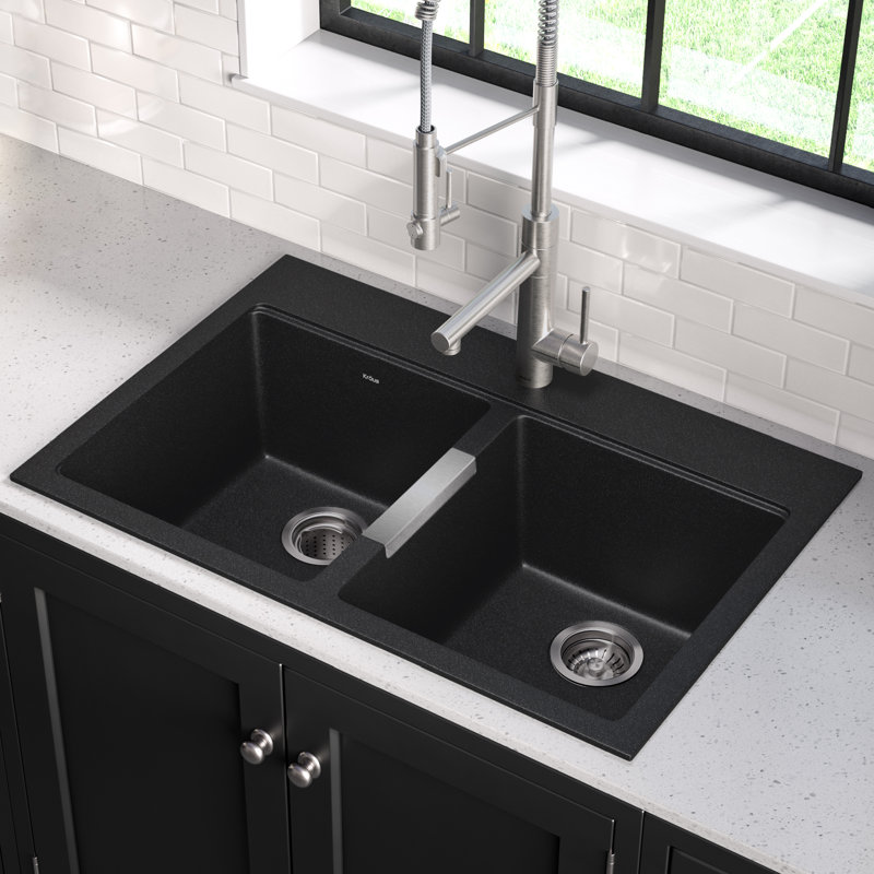 KGD433B Kraus Granite 33" L x 22" W Double Basin Dual Mount Kitchen Sink & Reviews Wayfair